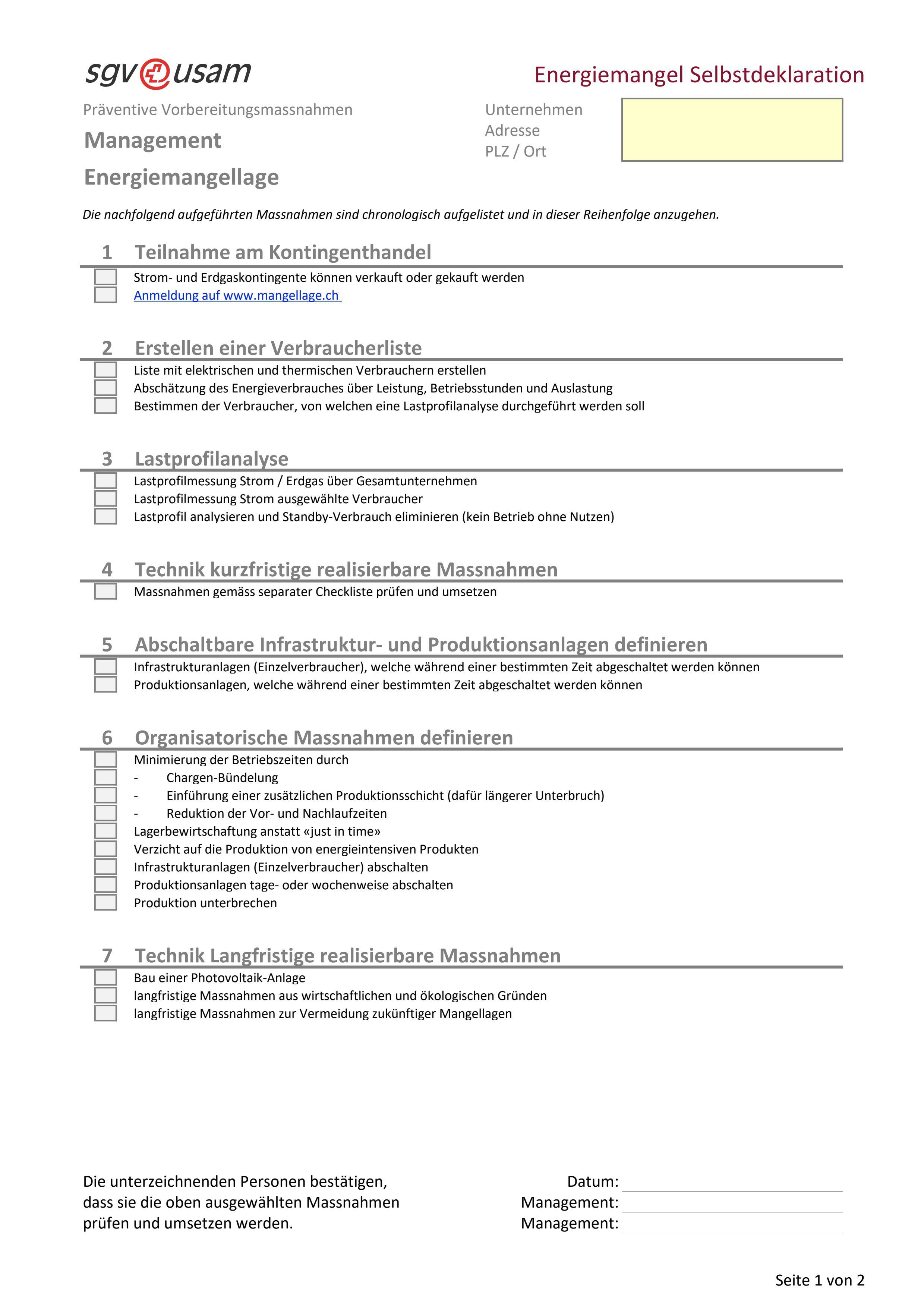   Formular Energiemangellage - Selbstdeklaration Management