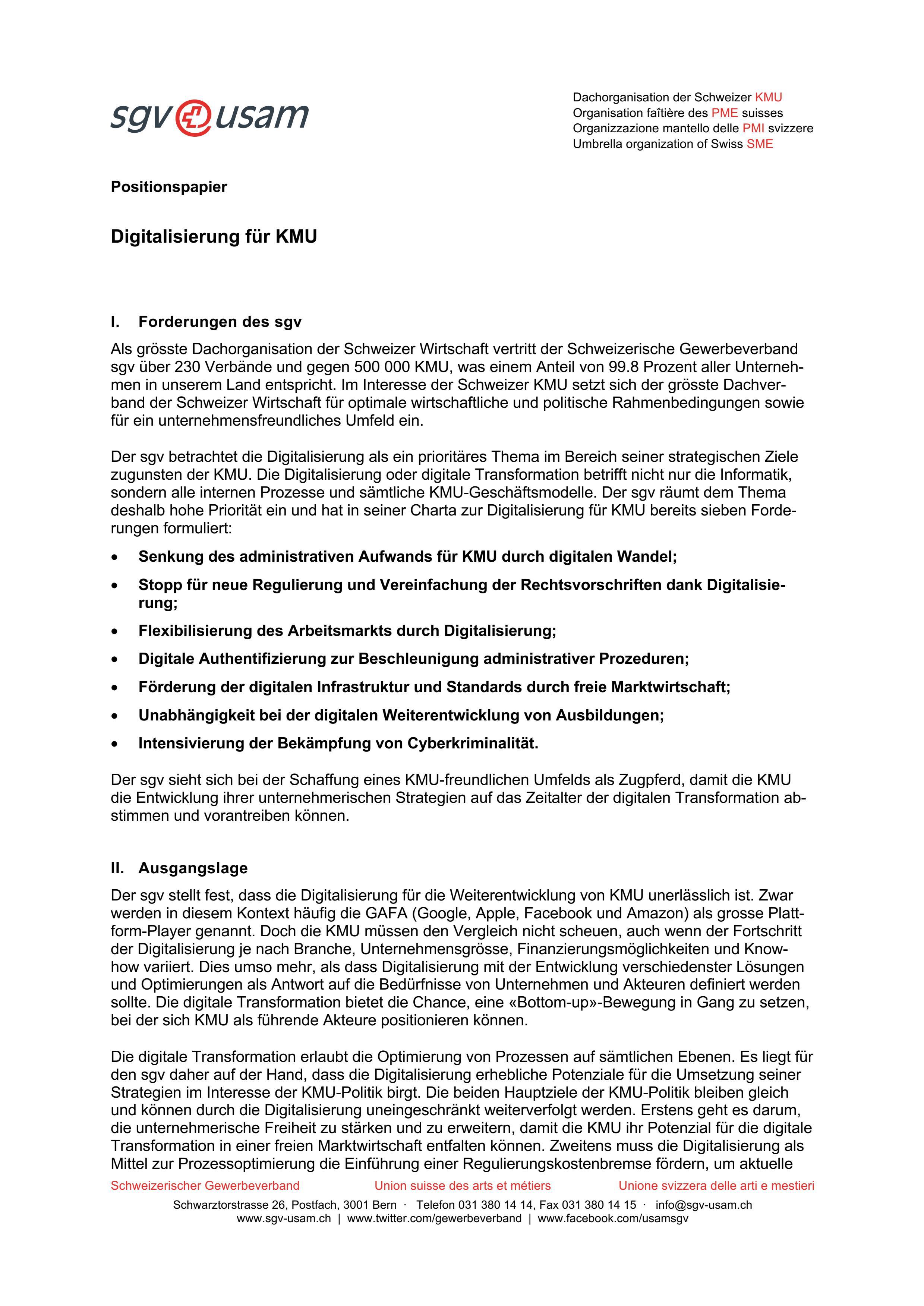  Positionspapier «Digitalisierung für KMU» 14.01.2021