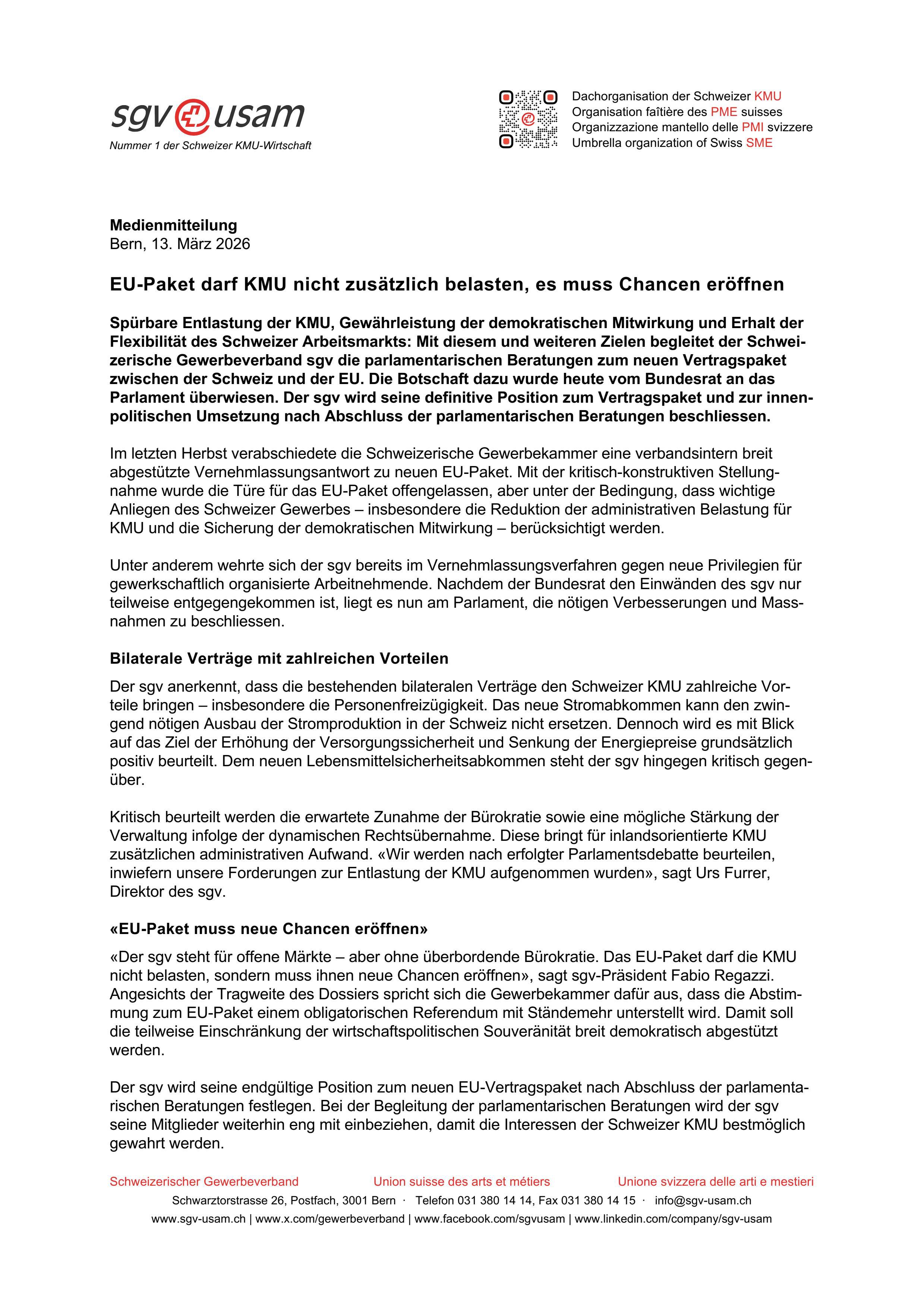 EU-Paket darf KMU nicht zusätzlich belasten, es muss Chancen eröffnen