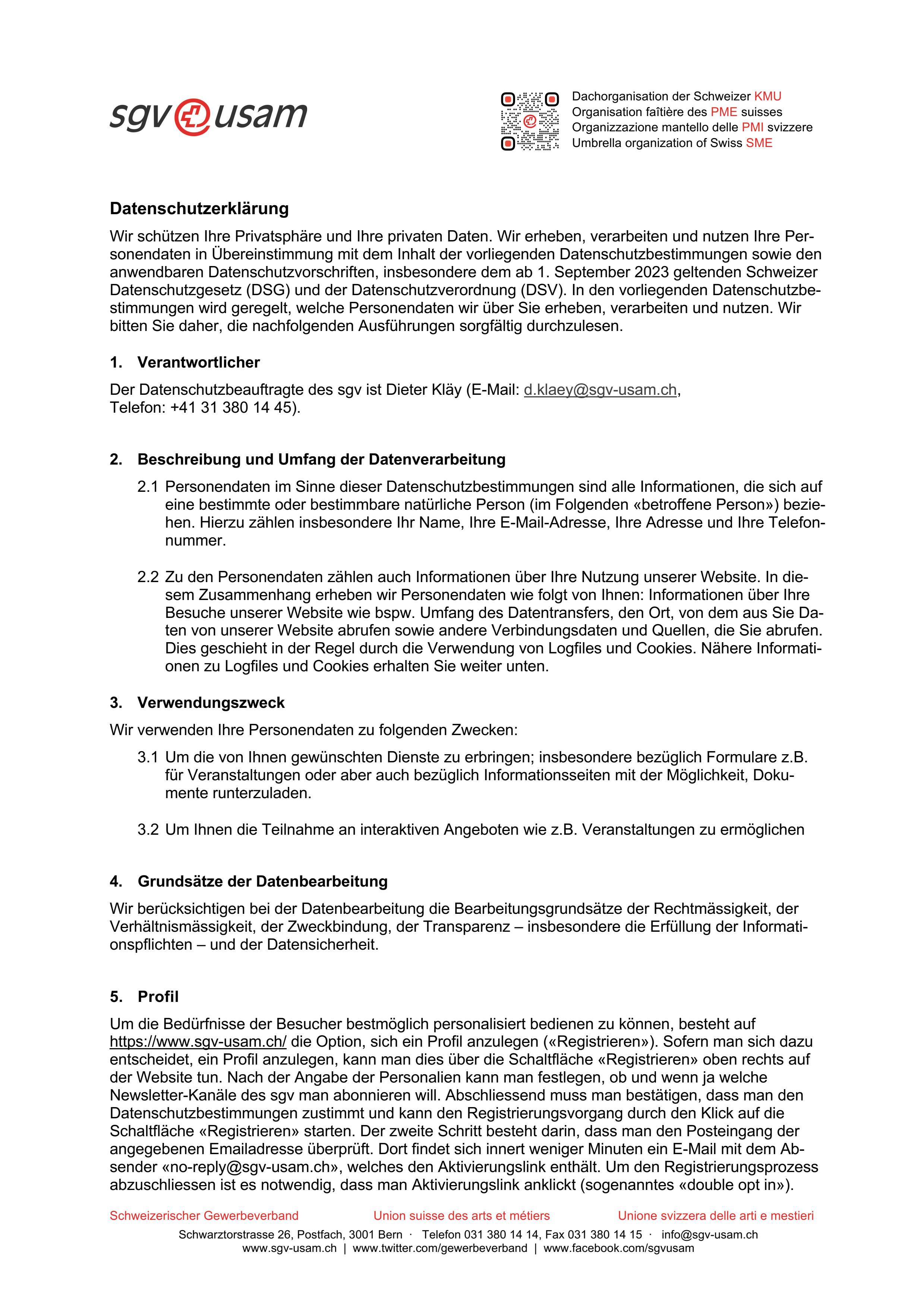  Datenschutzerklärung Website Schweizerischer Gewerbeverband